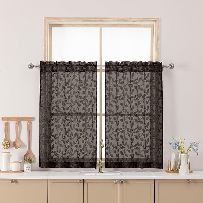 Chyhomenyc Chocolate Sheer Curtains 36 Inch Length, Light Filtering Leaf Tufted by Chyhomenyc