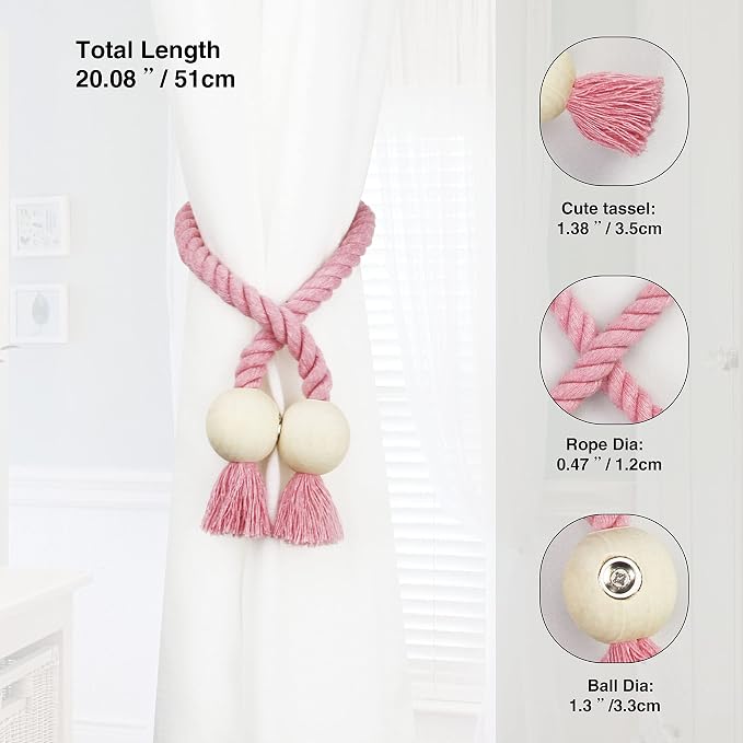 4 Pack Magnetic Curtain Tiebacks Cotton Hand Woven Tie Back Decorative Rope - Image 3