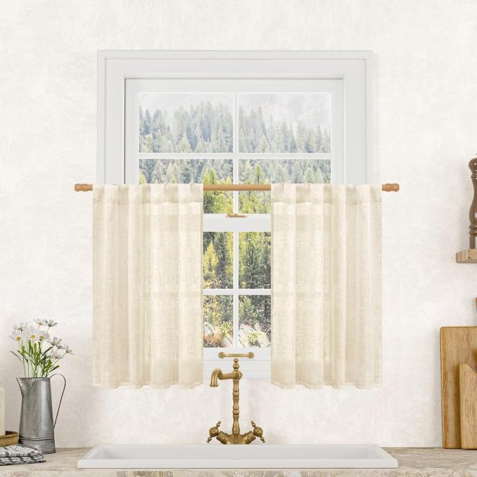LAMIT Semi Sheer Beige Linen Curtains 36 Inch Length 2 Panels, Light Filtering by LAMIT