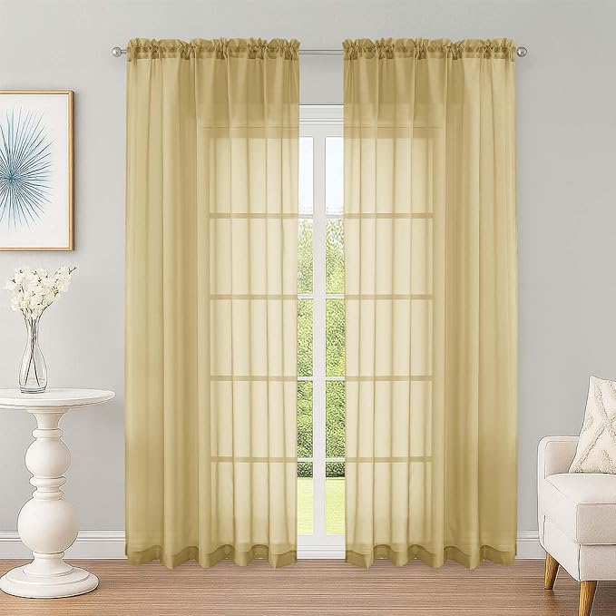 OWENIE Sheer Curtains 84 Inches Long 2 Panels Set, Sheer Gold Curtains by OWENIE