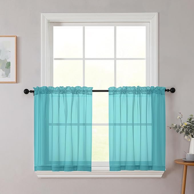 Kitchen Curtains 24 Inch Length Tier 2 Pieces, Turquoise Sheer Curtain Solid by WelvetBLK
