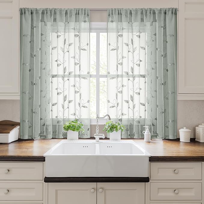 HOMEIDEAS Sage Green Sheer Kitchen Curtains 52 x 45 Inch Length 2 Panels - Image 6