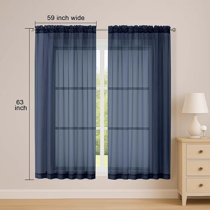 OWENIE Sheer Navy Blue Curtains, Sheer Curtains 63 inch Length 2 Panels Set - Image 2