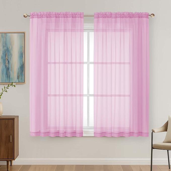 OVZME Light Pink Sheer Curtains 63 Inches Long 2 Panels Set, Light Filtering by OVZME