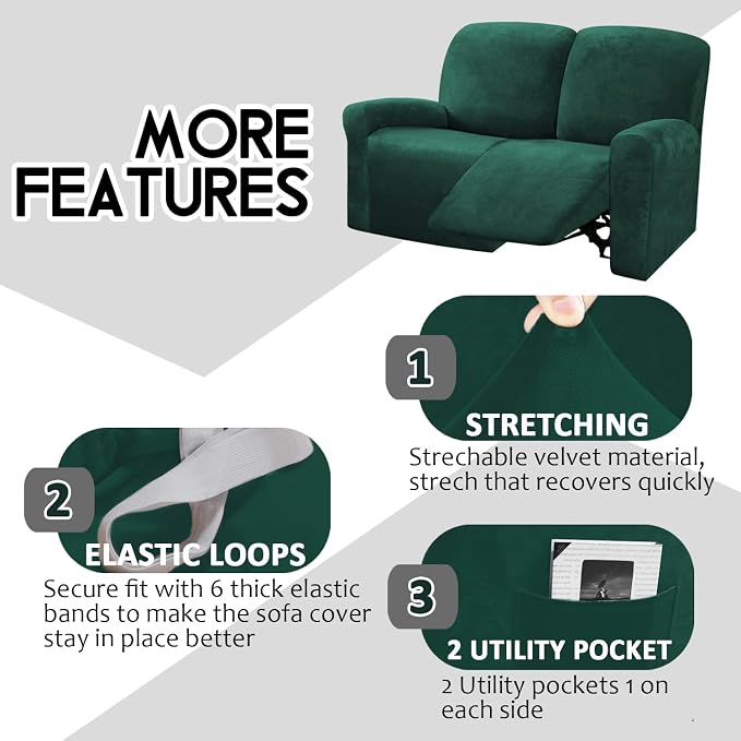 ULTICOR Reclining Love Seat Slipcover, 6-Piece Velvet Stretch Loveseat - Image 4