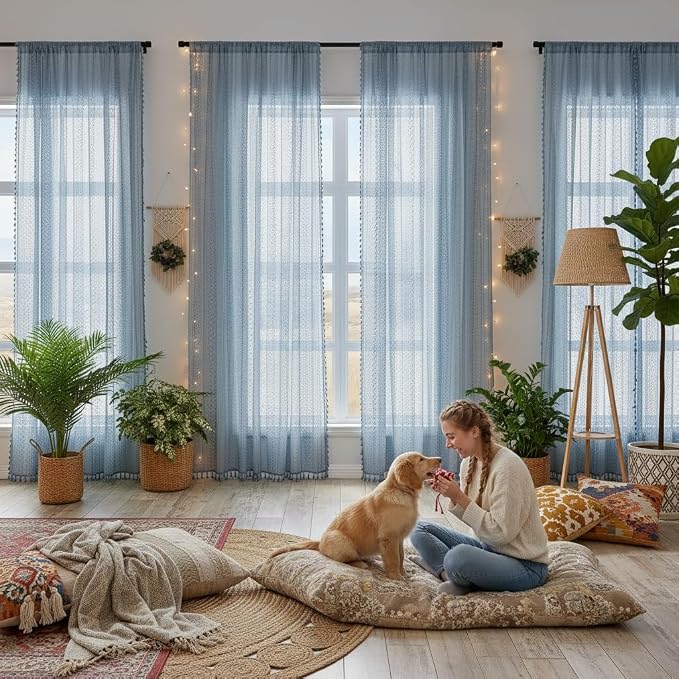 WAZZIO Boho Lace Curtains 84 Inches 2 Panel, Light Filtering Privacy Tassel & - Image 4