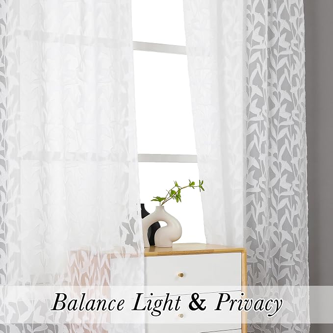 Lecloud Leia White Sheer Curtains 84 Inches Long 2 Panels, Semi Sheer Jacquard - Image 3