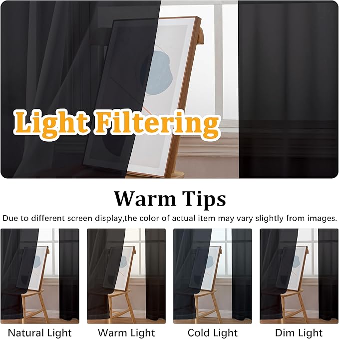 Gwine Black Sheer Curtains 108 Inches Long 2 Panels Set, Voile Light Filtering - Image 5