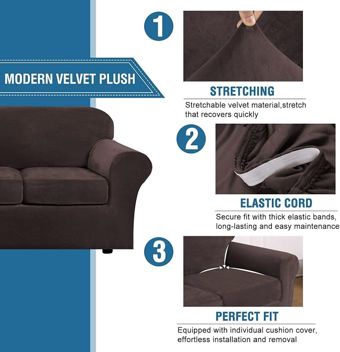 H.VERSAILTEX Modern Velvet Plush 4 Piece High Stretch Sofa Slipcover Sofa Cover - Image 3