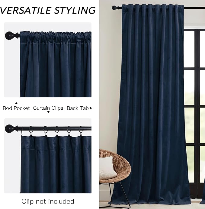 RYB HOME Navy Velvet Curtains 90 inches- Velevt Blackout Curtains - Image 2