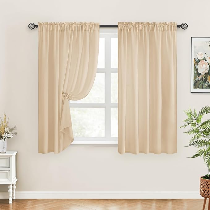 HOMEIDEAS Non-See-Through Beige Privacy Sheer Curtains, 52 X 45 Inches Long 2 - Image 2