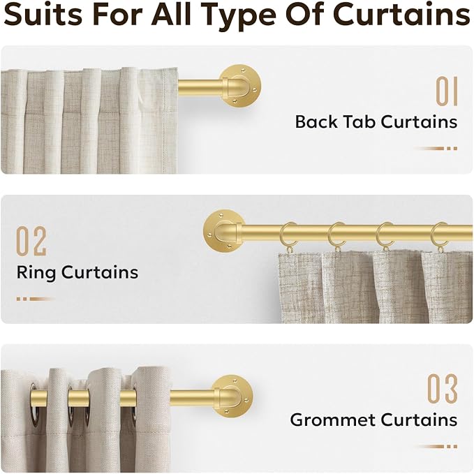 Zeerobee Curtain Rods for Windows 32 to 48, 1 Inch Industrial Wrap Around Gold - Image 8