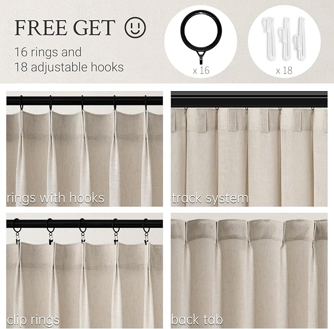 96 Inches Long Pleated Sheer Curtains, Oatmeal Linen Blended Light Filtering - Image 2