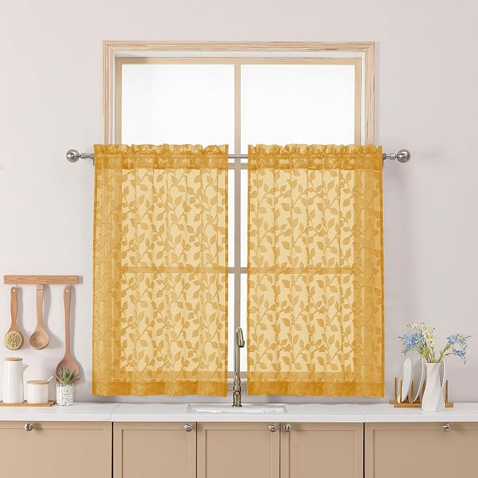 Chyhomenyc Gold Sheer Curtains 36 Inch Length, Light Filtering Leaf Tufted by Chyhomenyc