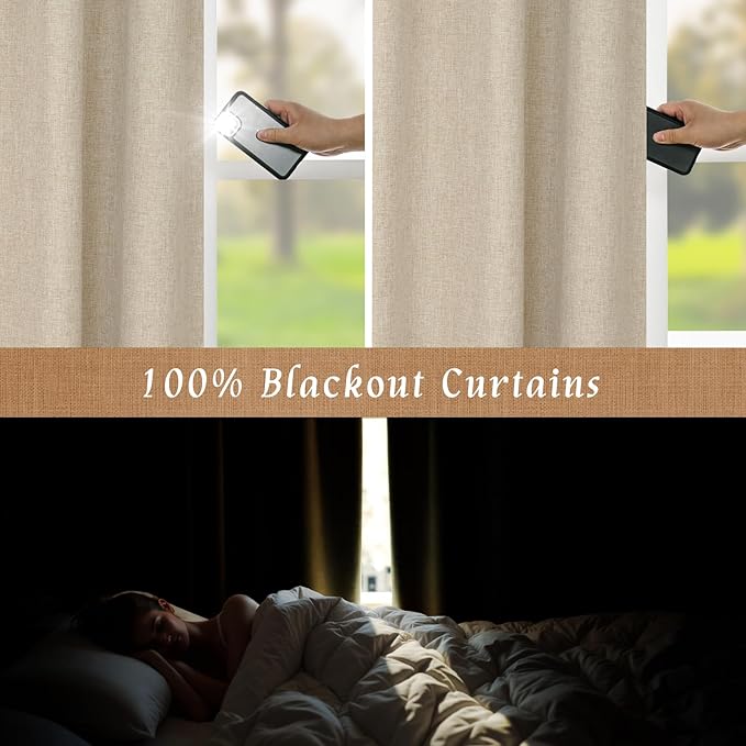 100% Blackout Natural Linen Bedroom Curtains 63 Inches 2 Panels | Thermal - Image 4