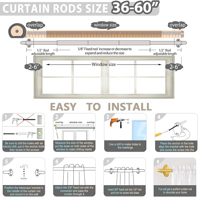 TVWOO Gold Wrap Around Curtain Rods:5/8" Small Blackout Adjustable Window - Image 7