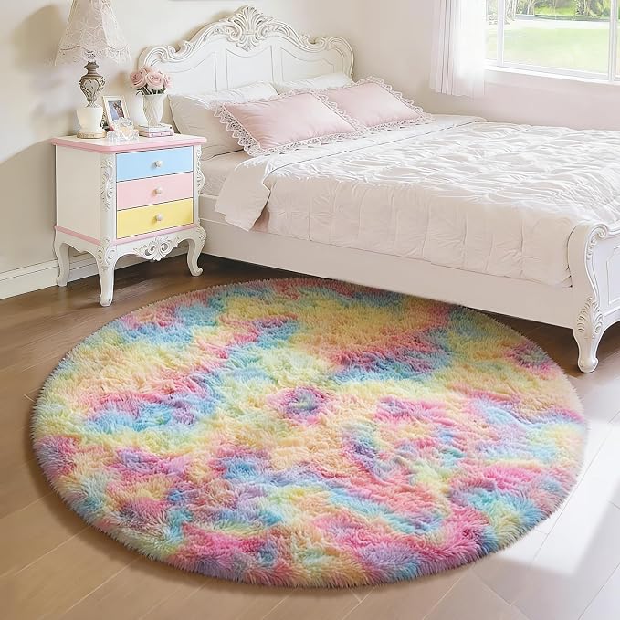 Ophanie Round Rugs 4Ft Rainbow Circle Area Rug, Colorful Unicorn Bedroom Dorm by Ophanie