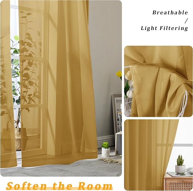 Gwine Gold Sheer Curtains 30 Inch Length, Short Light Filtering Voile Small - Image 4