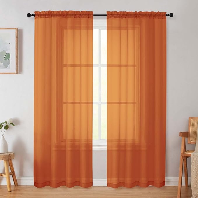 Orange Sheer Curtain for Bedroom Living Room 72 Inches Long 2 Panels Set by WelvetBLK