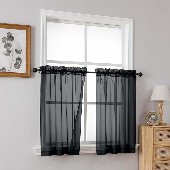Black Small Sheer Curtains Tier 24 Inches Length 2 Pieces, Light Filtering Cafe - Image 8