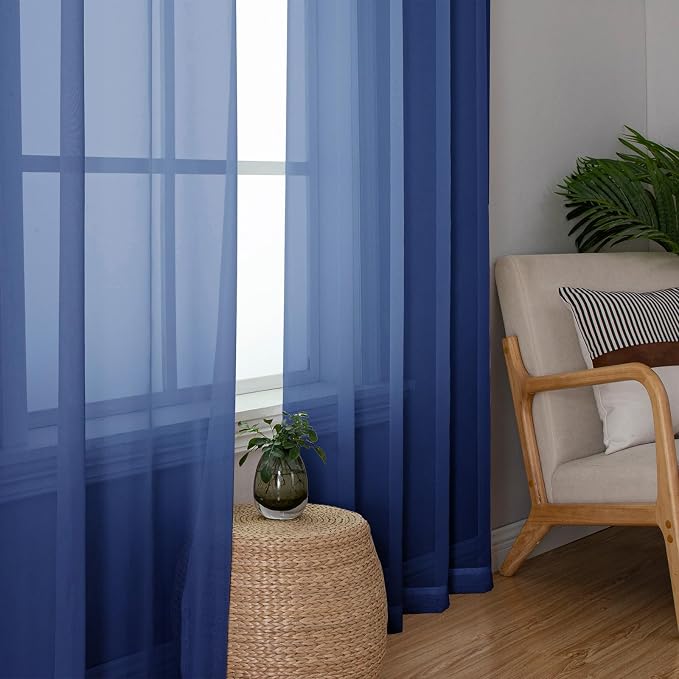 Lecloud Royal Blue Sheer Curtains 96 Inches Long 2 Panels, Farmhouse Voile - Image 3