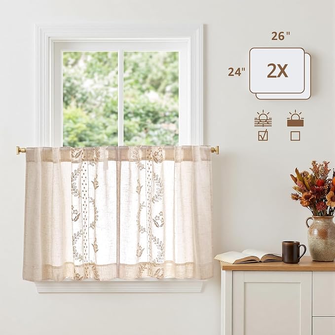 jinchan Belrose Linen Floral Kitchen Curtains 24 inch Length Embroidered - Image 5
