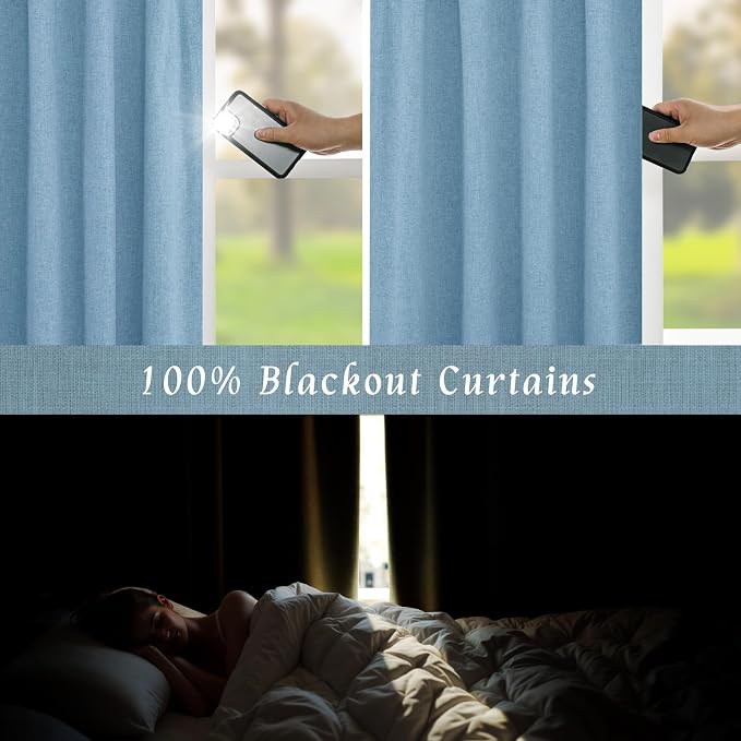 100% Blackout Blue Linen Curtains 63 Inches 2 Panels, 52 x 63 Inch | Room - Image 3