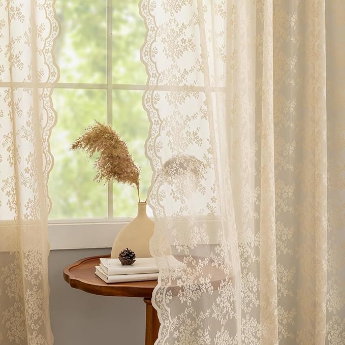 YJ YANJUN Vintage Lace Curtains 102 Inch Long-Victorian Floral Pattern Beige - Image 4