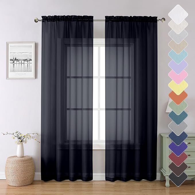 Lecloud Black Sheer Curtains 84 Inches Long 2 Panels, Solid Voile Light by Lecloud