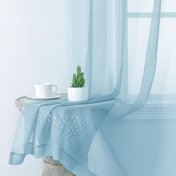 Lecloud Sky Blue Sheer Curtains 90 Inches Long 2 Panels, Light Filtering Voile - Image 4