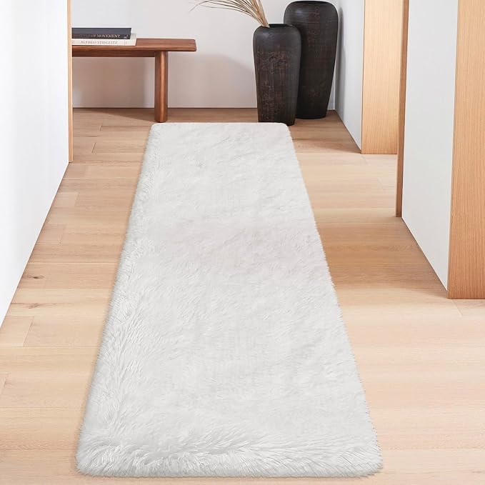 Runner Rug for Bedroom White 2x6ft Fluffy Area Rug Bedside Runner Rug for Kids - Image 2