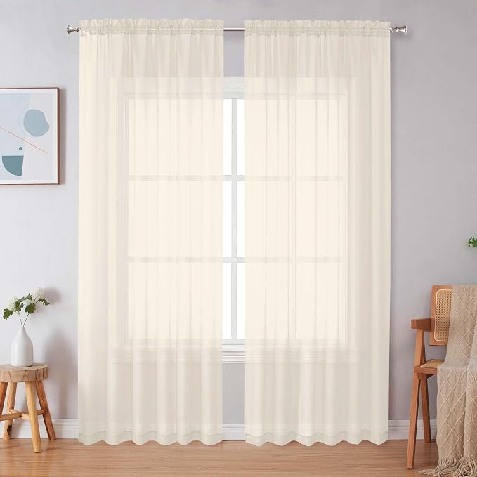 Simplebrand Cream Sheer Curtains 84 Inches Long, Light Filtering Rod Pocket by Simplebrand