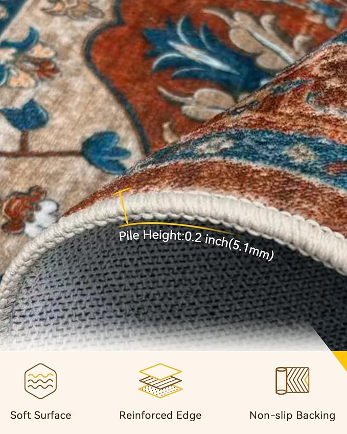 Area Rugs 6'x9' Washable Non-Slip, Floral Vintage Distress Print Pattern - Image 2