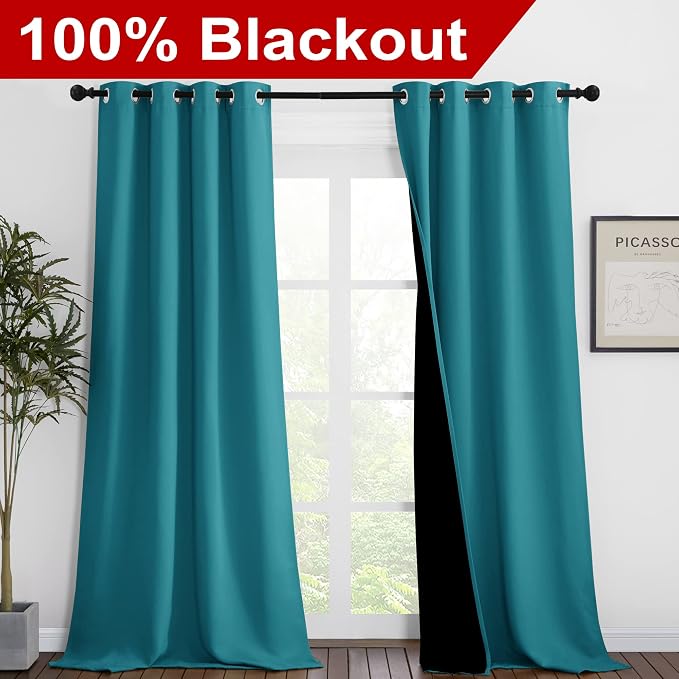 NICETOWN Peacock Teal Blackout Curtains 90 inches Long, Full Light Blocking - Image 2