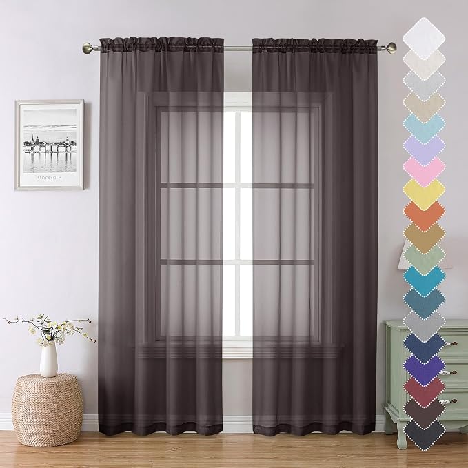 Lecloud Chocolate Sheer Curtains 84 Inches Long 2 Panels Set, Rod Pocket by Lecloud