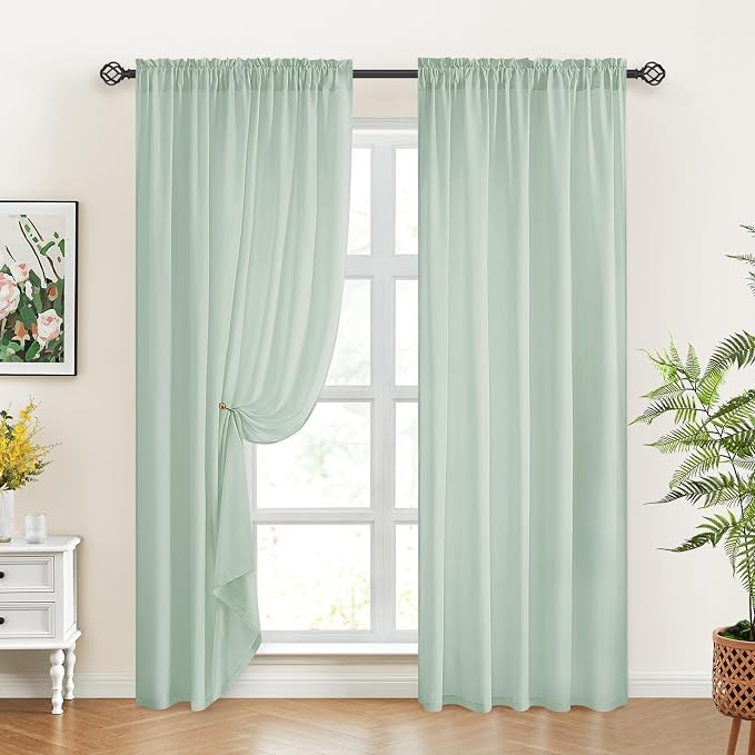 HOMEIDEAS Non-See-Through Sage Green Privacy Sheer Curtains, 52 X 84 Inches - Image 3