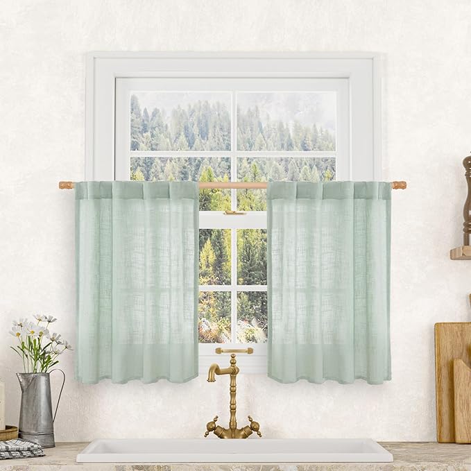 LAMIT Short Window Linen Curtains 36 Inch Length 2 Panels, Light Sage Light by LAMIT