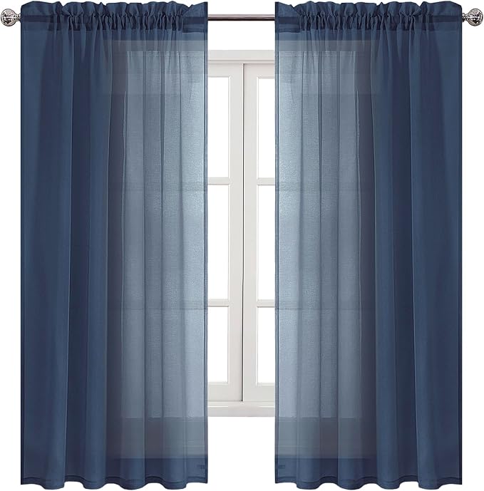 DWCN Navy Blue Sheer Curtains Semi Transparent Voile Rod Pocket Curtains - Image 9