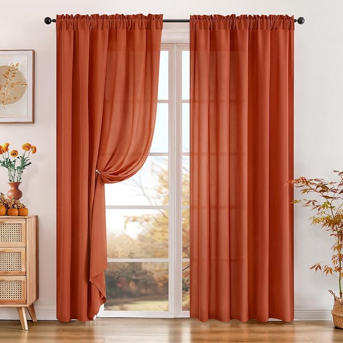 HOMEIDEAS Non-See-Through Fall Burnt Orange Privacy Sheer Curtains, 52 X 84 - Image 2