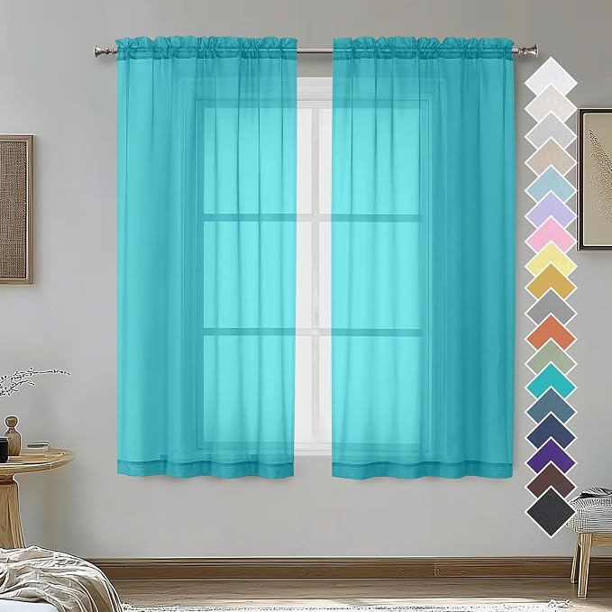 OVZME Turquoise Sheer Curtains 54 Inches Long 2 Panels by OVZME