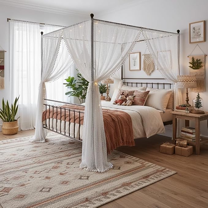 WAZZIO Boho Lace Curtains 63 Inches 2 Panel, Light Filtering Privacy Tassel & - Image 7
