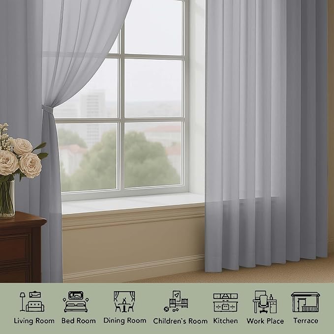 OWENIE Grey Sheer Curtains 72 Inches Long 2 Panels Set, Transparent Voile Sheer - Image 3
