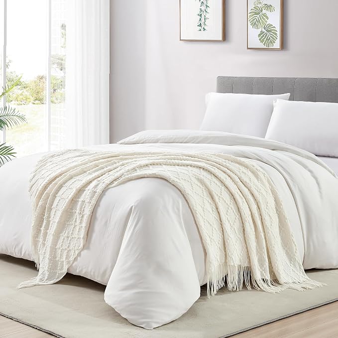 BOURINA White Throw Blanket 50 x70 Inches Jacquard Argyle Throw Textured Solid - Image 4
