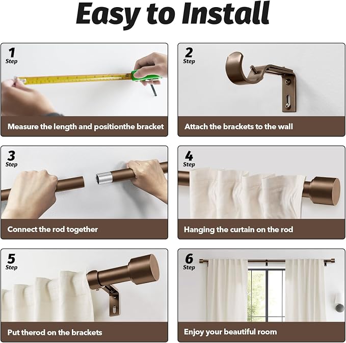 GEEBOBO Bronze Curtain Rods for Windows 120 to 170 Inch, 1 Inch Extra Long - Image 7