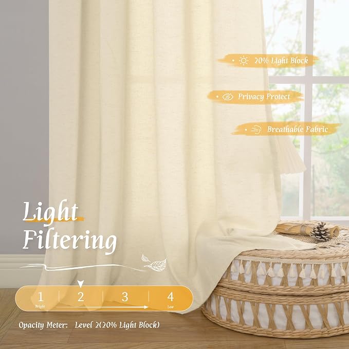 LAMIT Beige Linen Curtains for Windows 2 Panels Set, 48 Inch Linen Textured - Image 4