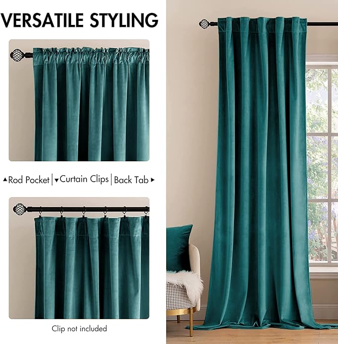 MIULEE Teal Velvet Curtains 90 inches 2 Panels - Image 2