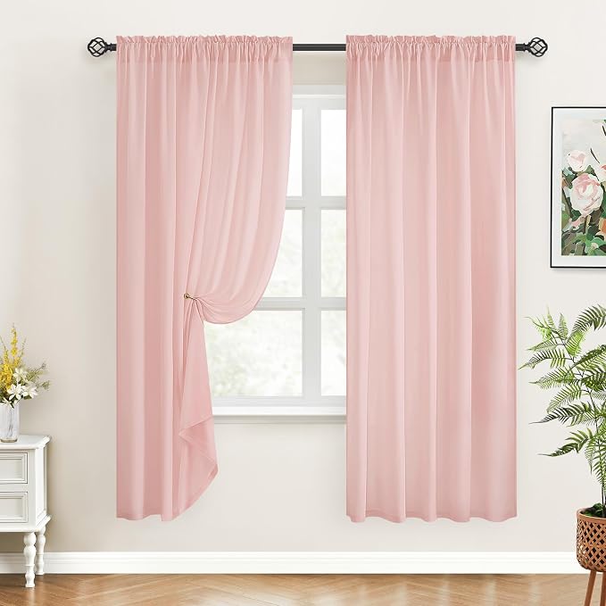 HOMEIDEAS Non-See-Through Blush Pink Privacy Sheer Curtains, 52 X 63 Inches - Image 2