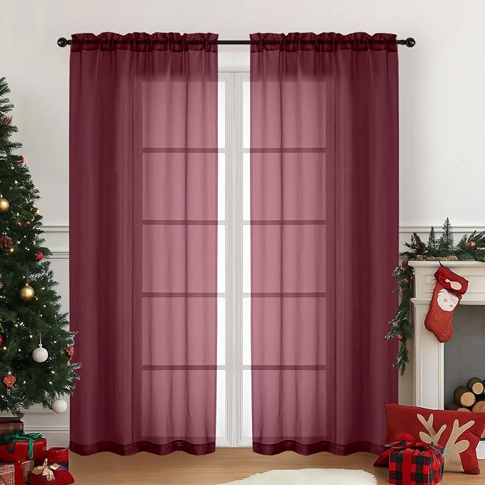 Burgundy Sheer Curtains for Window 72 inches Long 2 Panels, Soft Airy Light by Home