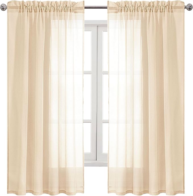 DWCN Beige Sheer Curtains Semi Transparent Voile Rod Pocket Curtains - Image 9