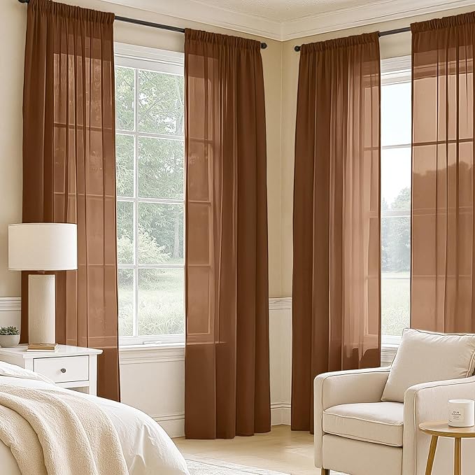 MIULEE Dark Brown Sheer Curtains 96 Inches Long 4 Panels 42 x 96 Inches | Light - Image 2
